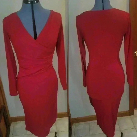 Burgundy Faux Wrap Greta Dress - Laura Byrnes - Picture 2 of 4